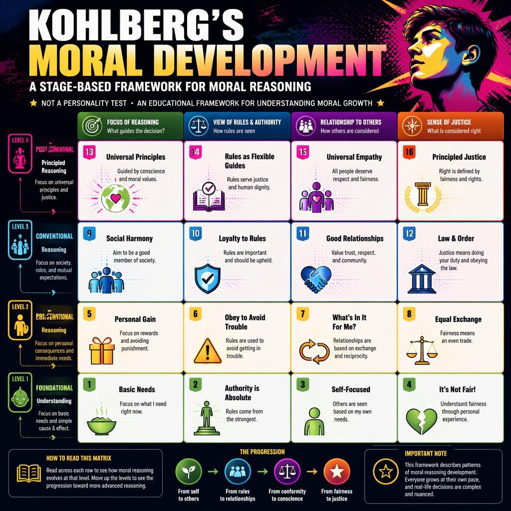 Educational 4x4 psychology matrix infographic on Kohlberg's moral development with 16 labeled cards, icons, gradients, and bold dividers.