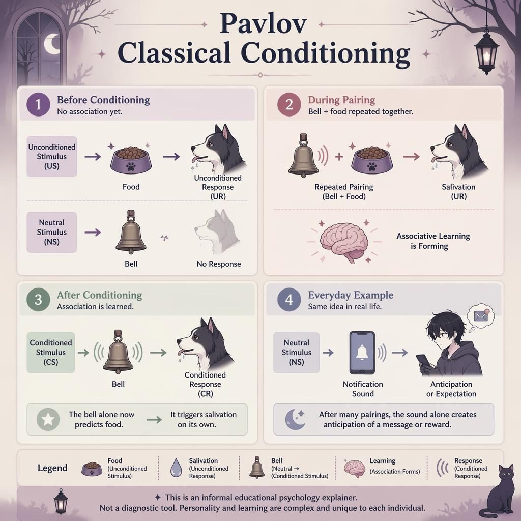 Pastel 2x2 psychology infographic on Pavlov classical conditioning with bell, food bowl, saliva, arrows, and icons.