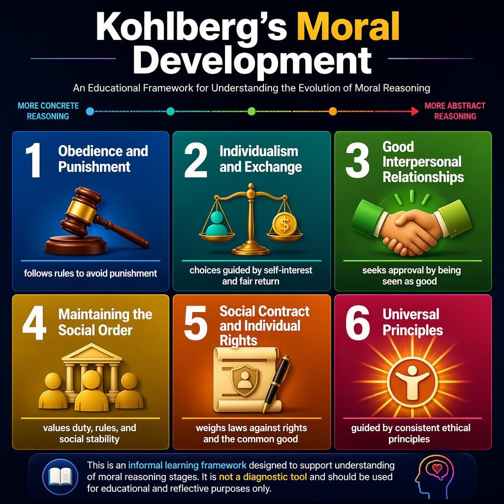 Psychology infographic showing a 2x3 matrix of six Kohlberg moral development stages with icons, gradients, and footer note.