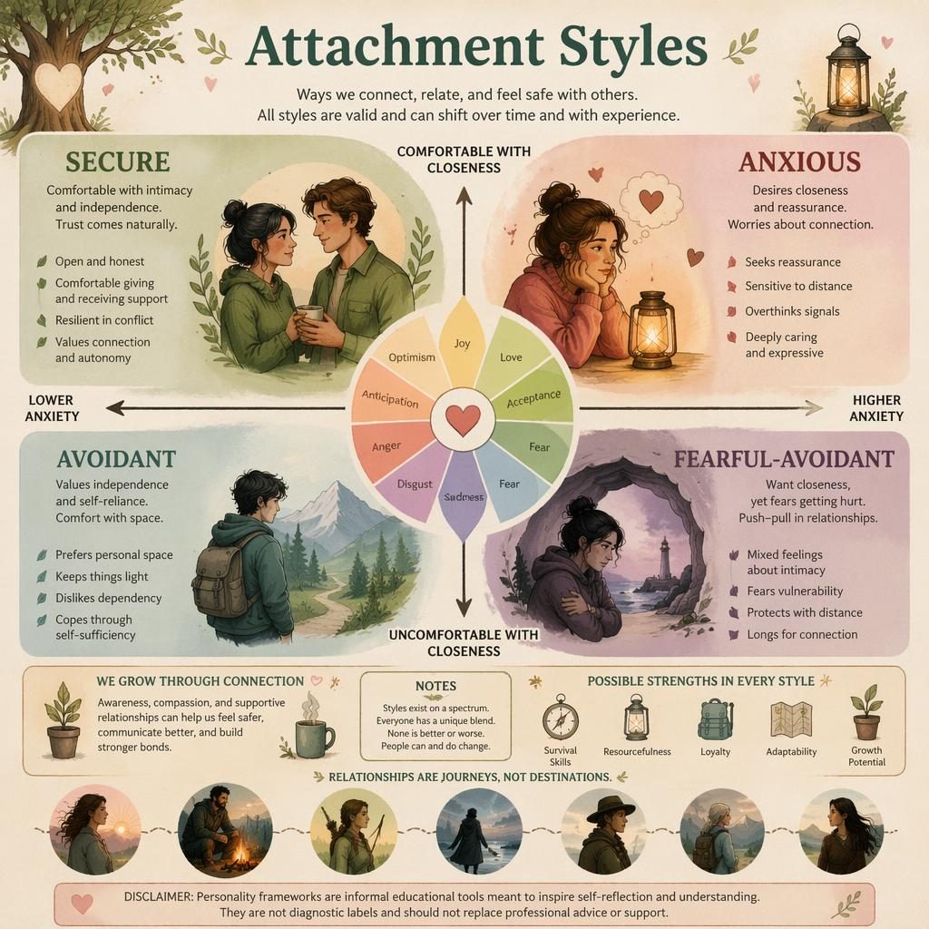 Warm illustrated attachment styles infographic with 4 quadrant cards, emotion wheel motif, icons, captions, and disclaimer.