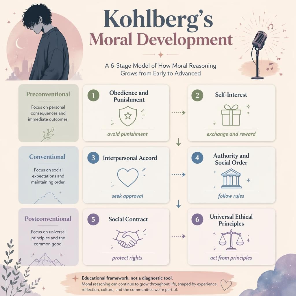 Pastel psychology infographic on Kohlberg's Moral Development with 3 levels, 6 stage cards, icons, and moody music-inspired silhouette.