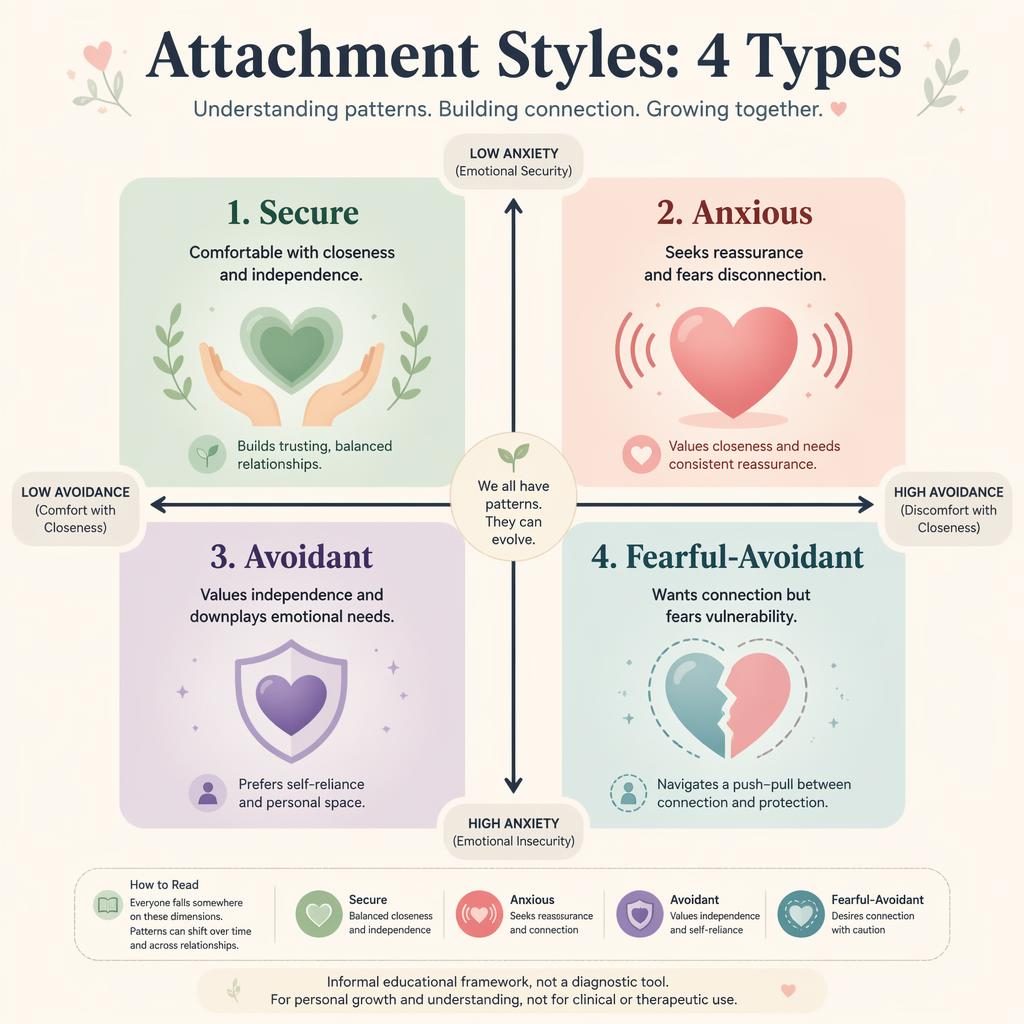 Pastel psychology infographic showing 4 attachment styles in a 2x2 quadrant with icons, labels, axis lines, legend, and footer note.