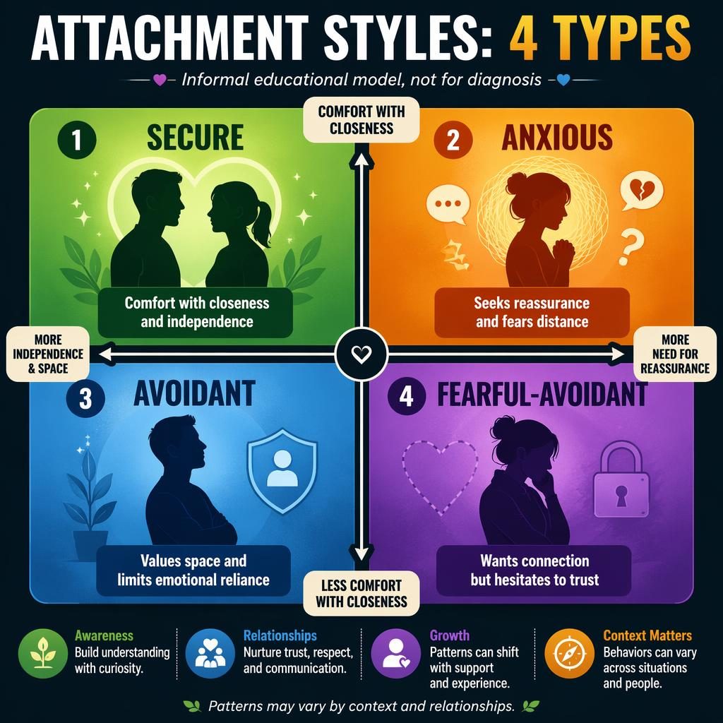 2x2 attachment styles infographic with four labeled panels, silhouette icons, captions, subtitle, footer note, and bold gradient colors.