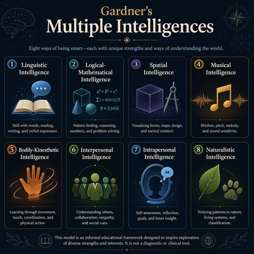 Infografía educativa en modo oscuro con 8 tarjetas numeradas sobre inteligencias múltiples, iconos académicos y nota final.