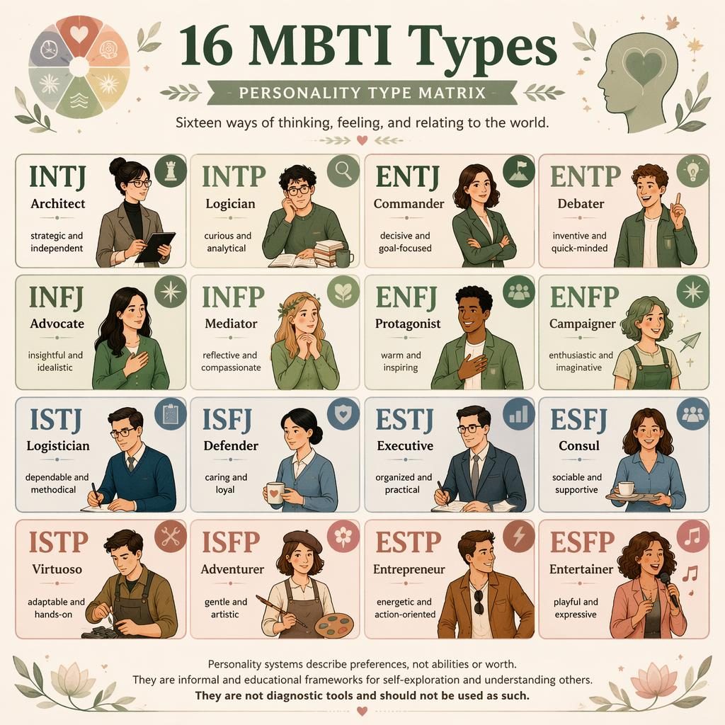 Infografía editorial 4x4 de los 16 tipos MBTI, con paleta salvia y blush, fondo texturizado y acentos circulares suaves.