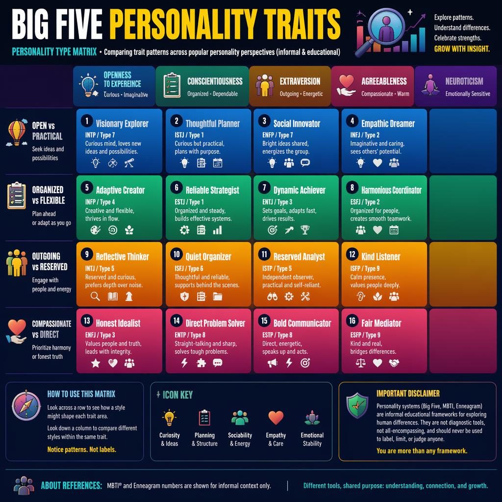 Colorful psychology infographic showing a 4x4 Big Five personality traits matrix with 16 cards, icons, bold gradients, and disclaimer.