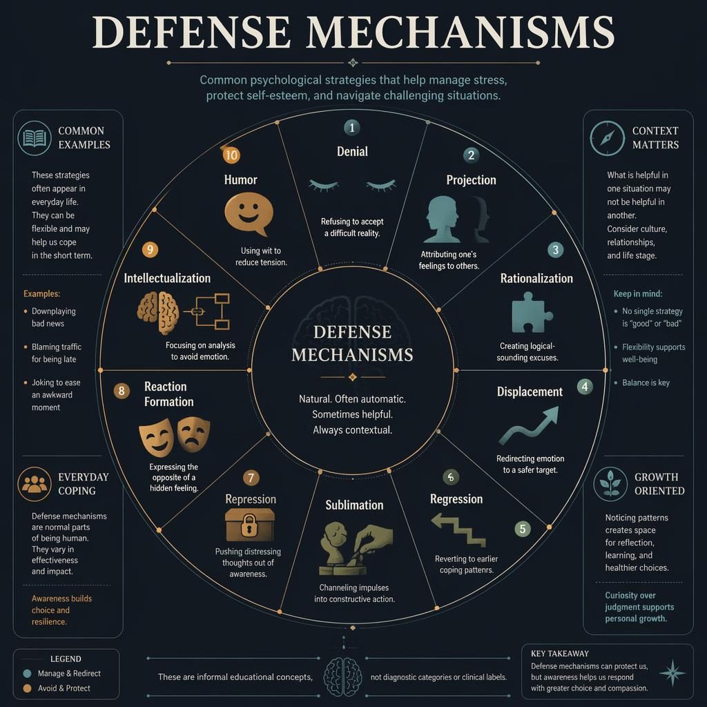 Dark academic infographic showing a 10-part defense mechanisms wheel with icons, labels, side notes, and footer text.