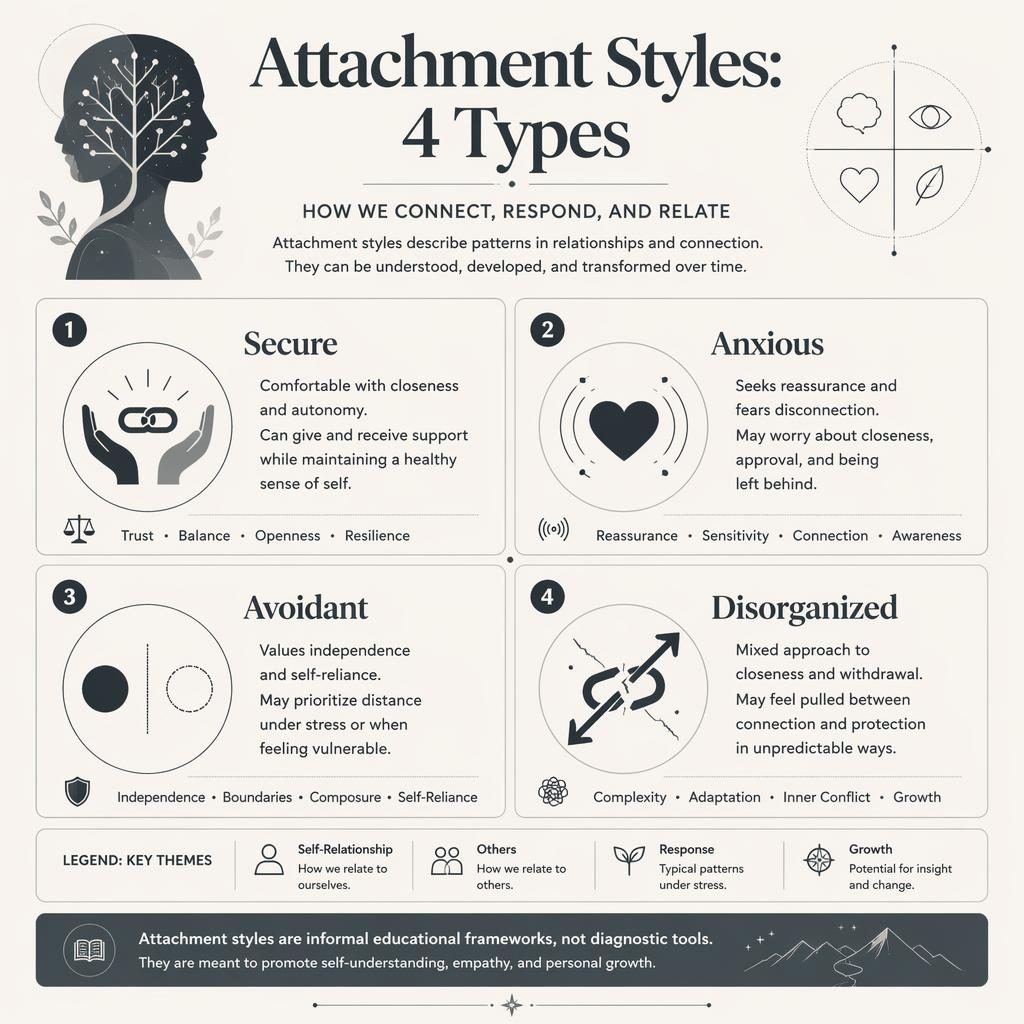 Monochrome psychology infographic with 4 attachment style panels in a 2x2 grid, icons, captions, subtitle, and footer note.