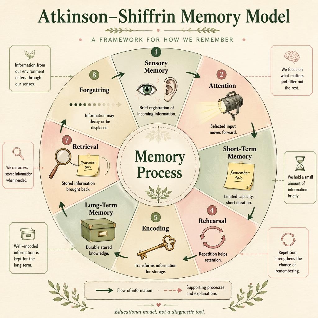 Warm editorial-style psychology wheel infographic with labeled memory-process segments, icons, arrows, and paper texture.