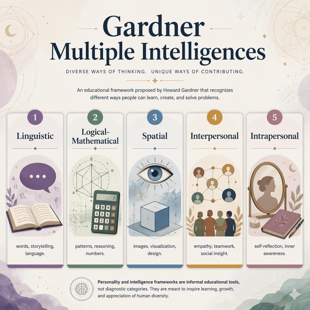 Editorial psychology infographic with 5 illustrated cards on multiple intelligences in a muted rainbow grid layout.