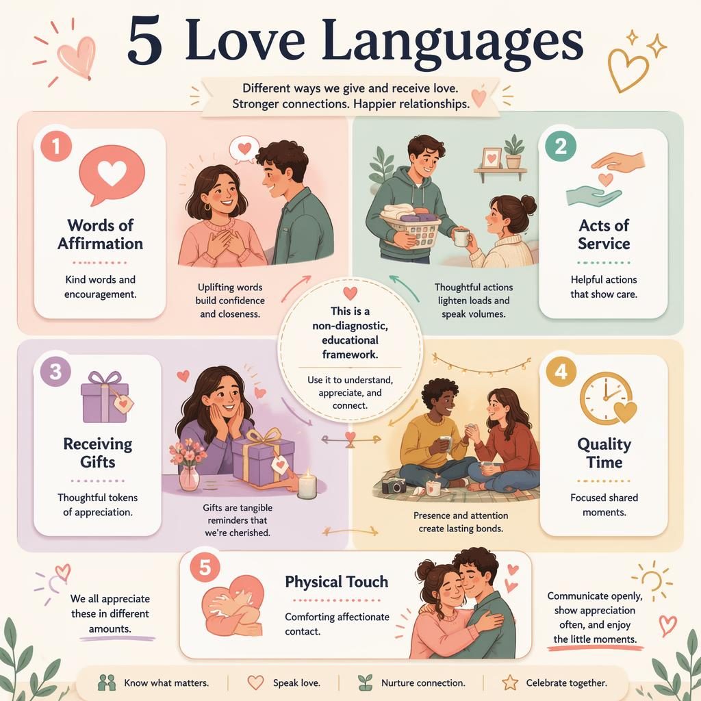 Pastel relationship infographic with 4 soft quadrants, 5 love language cards, minimal icons, and a central educational note.
