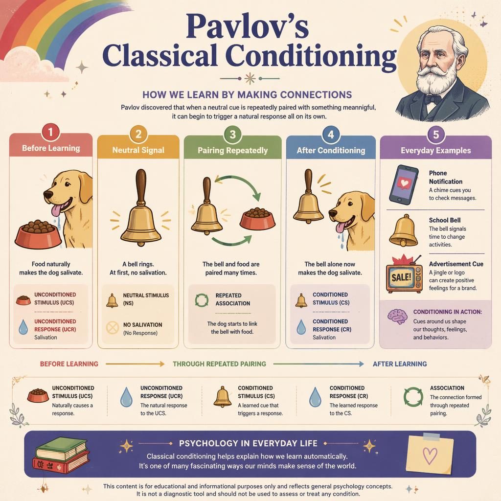 Psychology infographic with 5 numbered cards showing Pavlov's classical conditioning, icons, labels, arrows, and examples