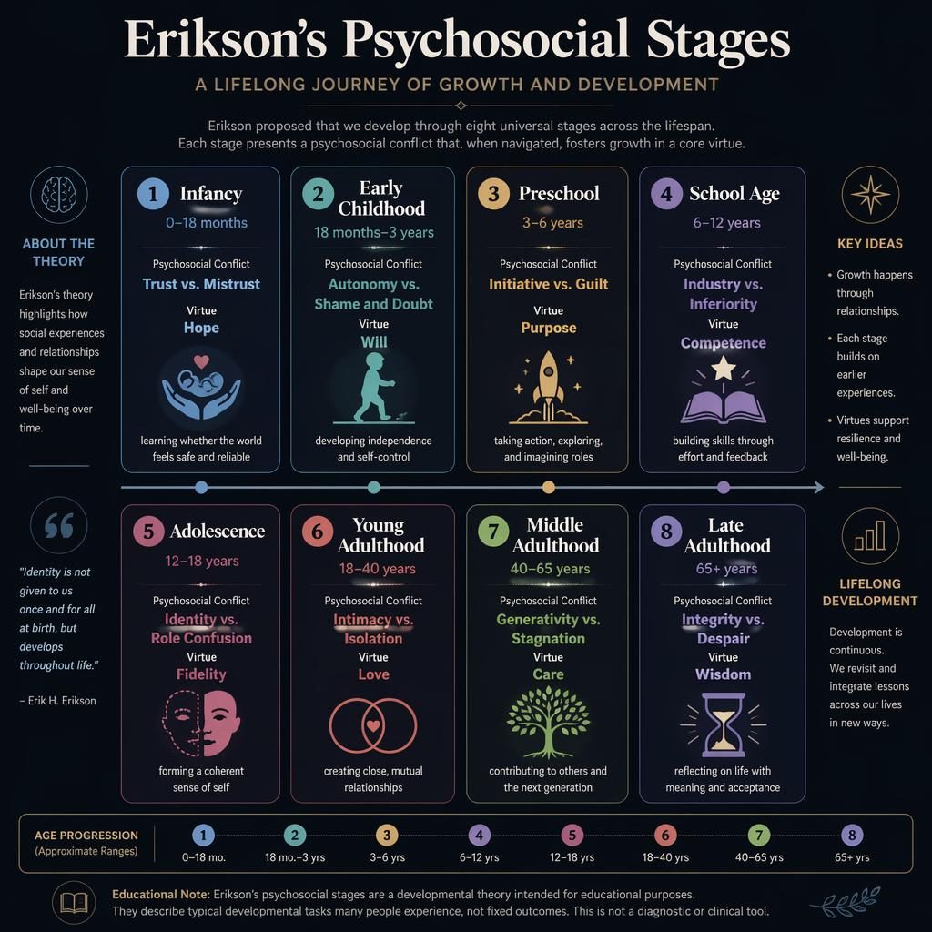 Dark mode infographic with 8 numbered cards showing Erikson's psychosocial stages, icons, age ranges, virtues, captions, and timeline.