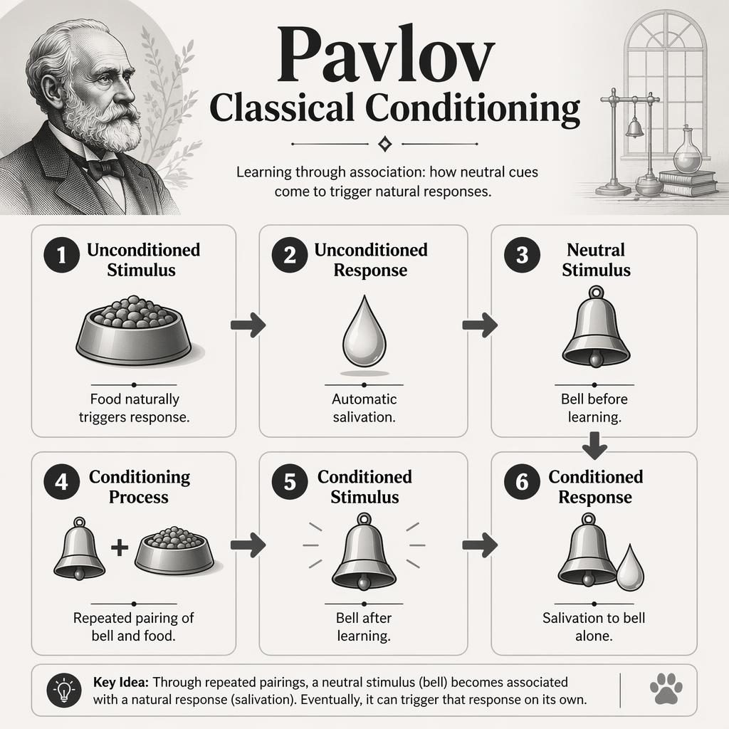 Monochrome psychology infographic grid with 6 numbered cards explaining Pavlov classical conditioning using icons, arrows, and English labels.