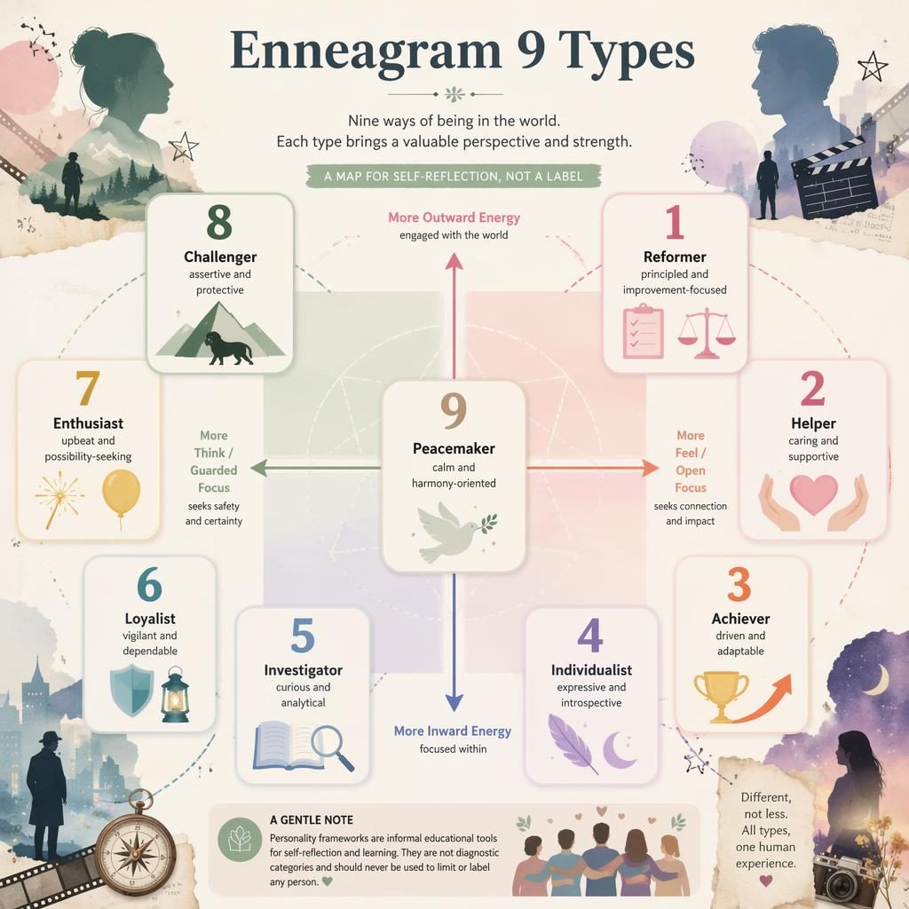Pastel psychology infographic of Enneagram 9 types with quadrant diagram, nine numbered cards, icons, and educational note.