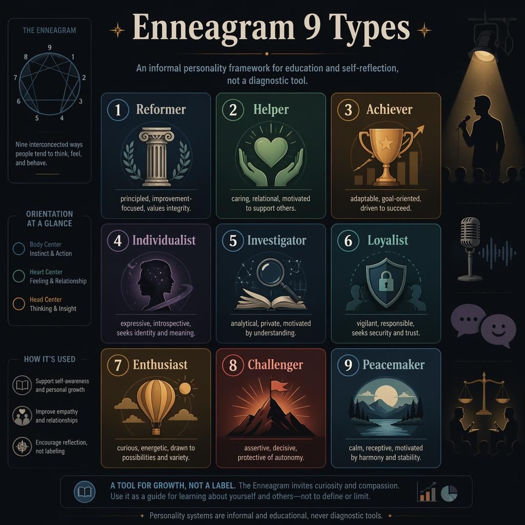 Dark-mode Enneagram 9 Types infographic with 9 numbered cards, icons, subtitle, footer note, and academic charts.