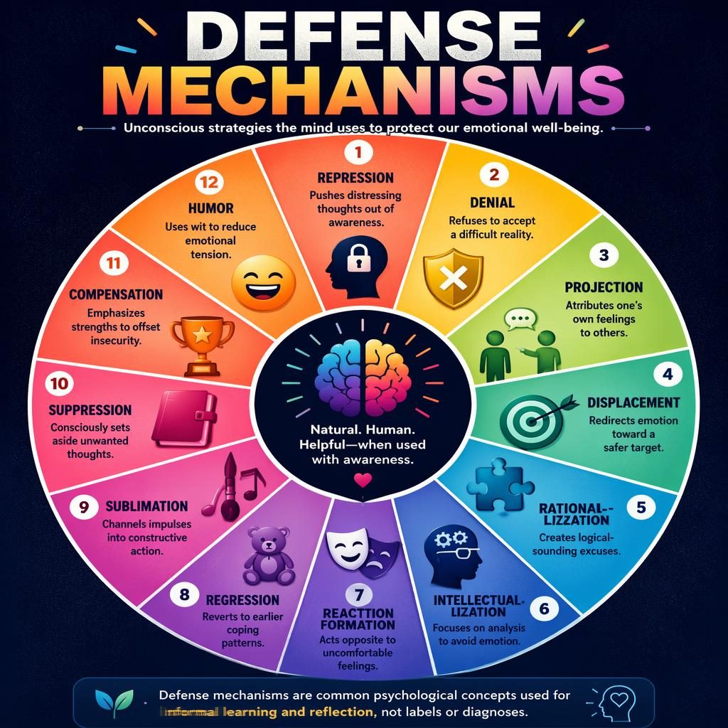 Editorial infographic of a 12-part defense mechanisms wheel with icons, short headings, explanations, and footer note.