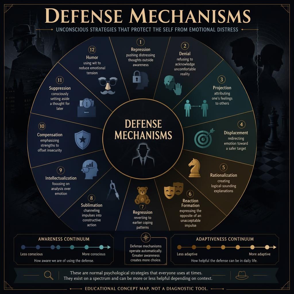 Dark-mode psychology wheel infographic on defense mechanisms with 12 labeled segments, icons, legends, and footer note.