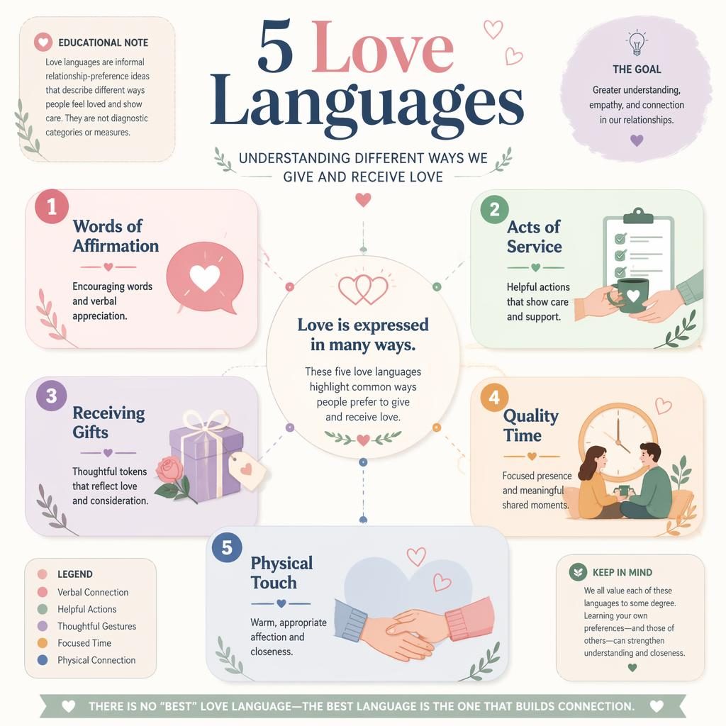 Pastel psychology infographic with a central hub and five numbered love language cards, icons, connector lines, and note.