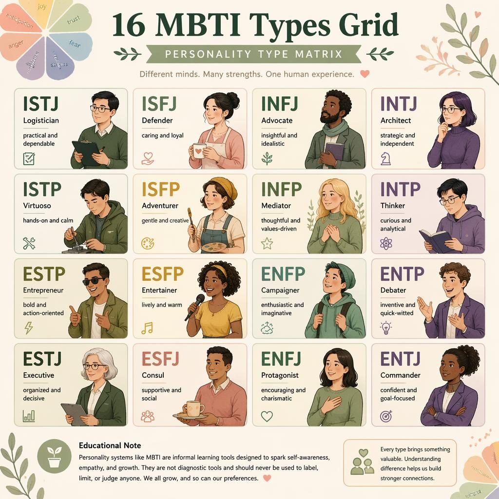 Editorial psychology infographic with a 4x4 MBTI grid, 16 type labels, traits, diverse characters, and soft emotion wheel motifs.