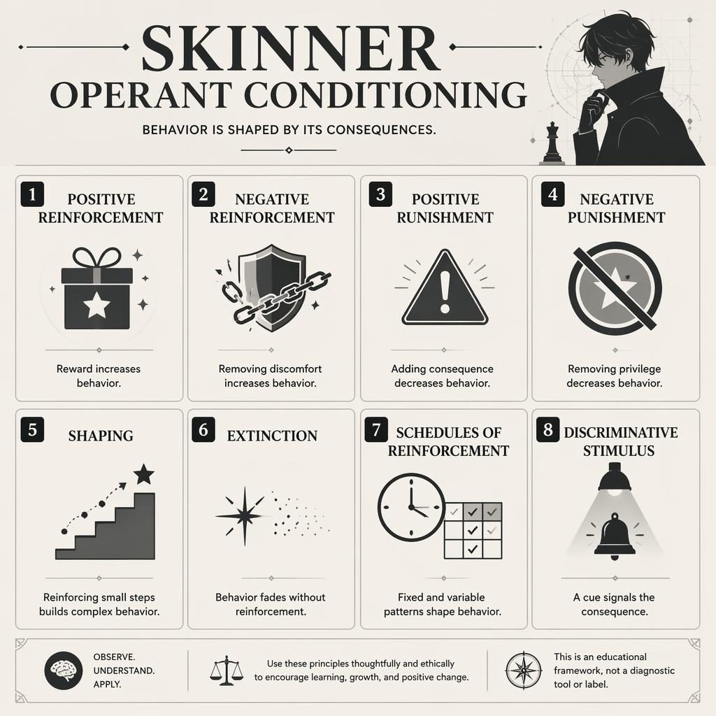 Minimal monochrome operant conditioning infographic poster with 8 numbered cards, simple icons, thin dividers, and academic grid layout.