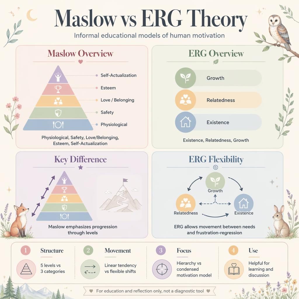 Pastel 2x2 psychology infographic comparing Maslow and ERG theory with icons, footer cards, and tiny whimsical animal accents.
