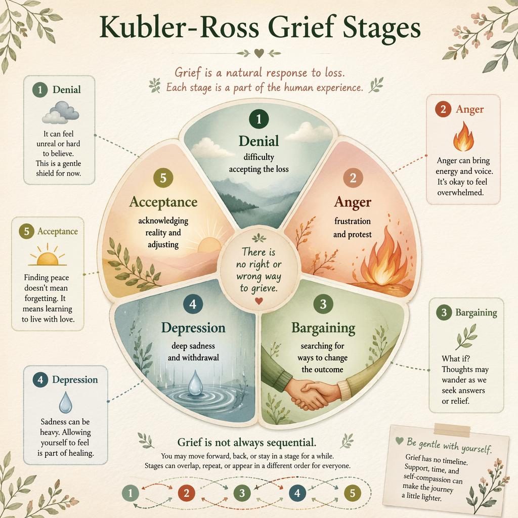 Hand-illustrated grief stages wheel infographic with 5 labeled segments, callout cards, arrows, and sage blush tones.