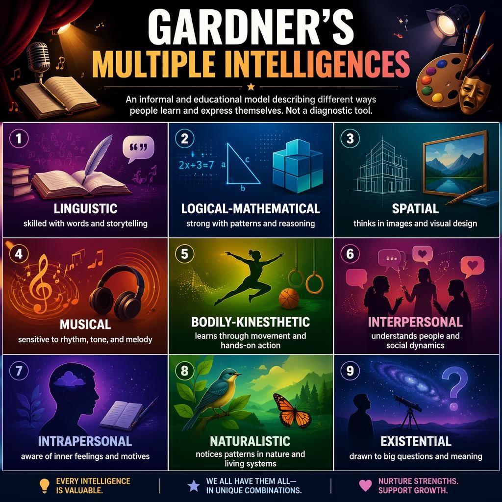 Editorial-style 3x3 psychology infographic with 9 intelligence panels, bold gradients, icons, titles, and English traits.