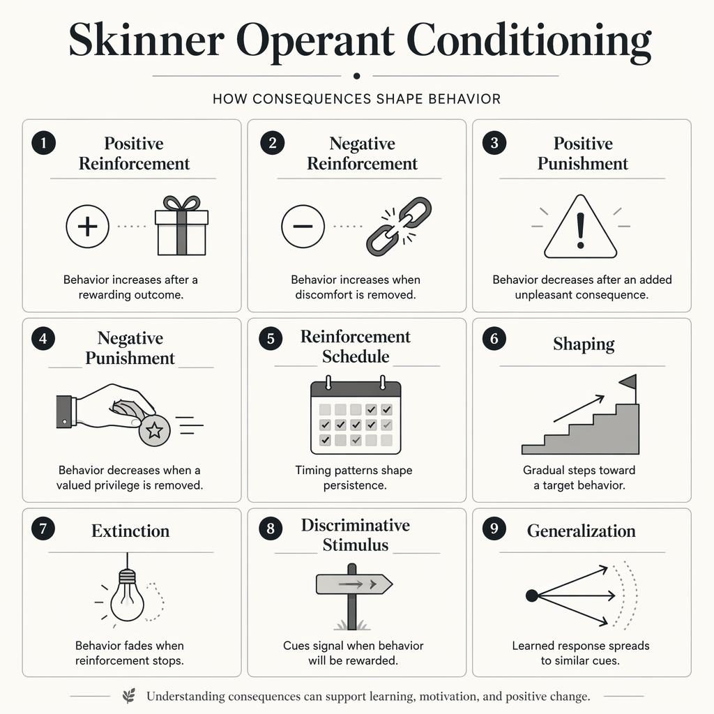Monochrome psychology infographic poster with a 9-card grid explaining operant conditioning using thin line icons.
