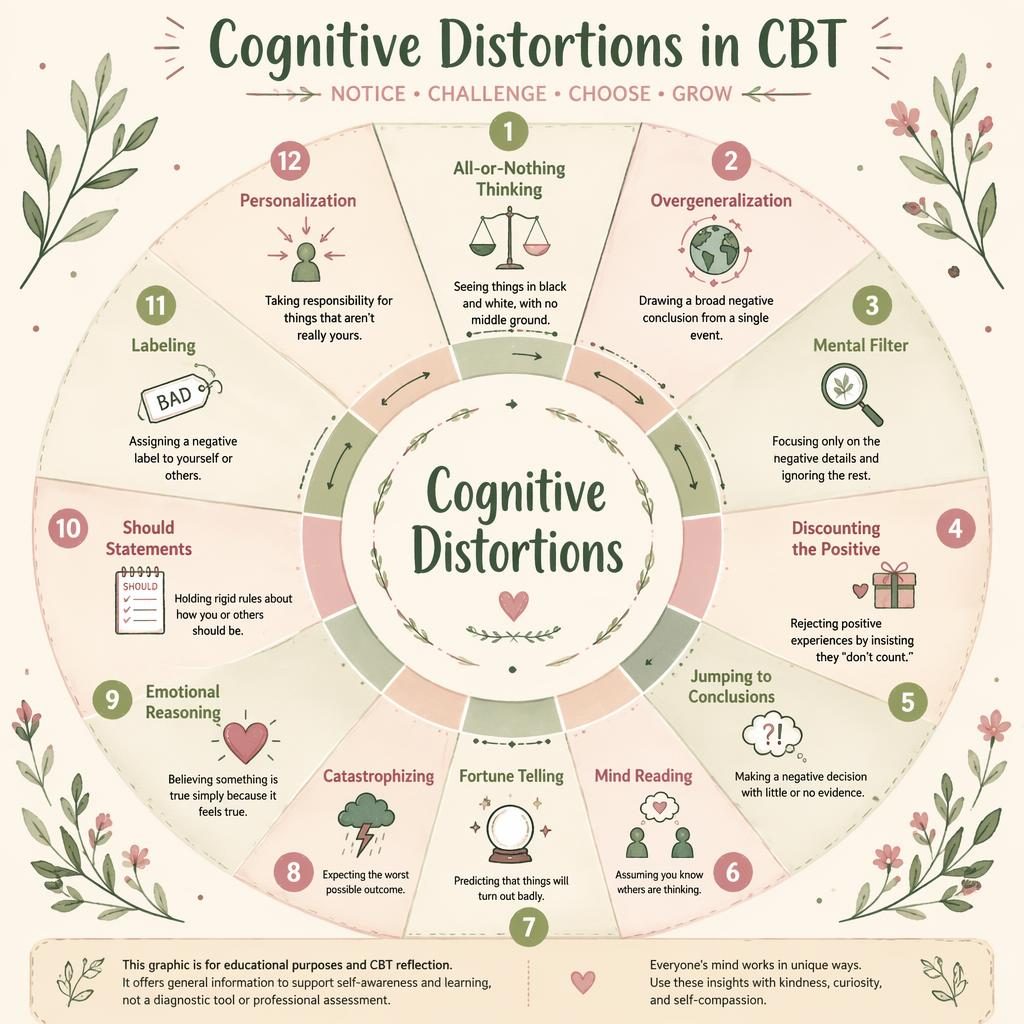 Hand-illustrated CBT wheel infographic in sage and blush with 12 cognitive distortions, icons, captions, and footer note.