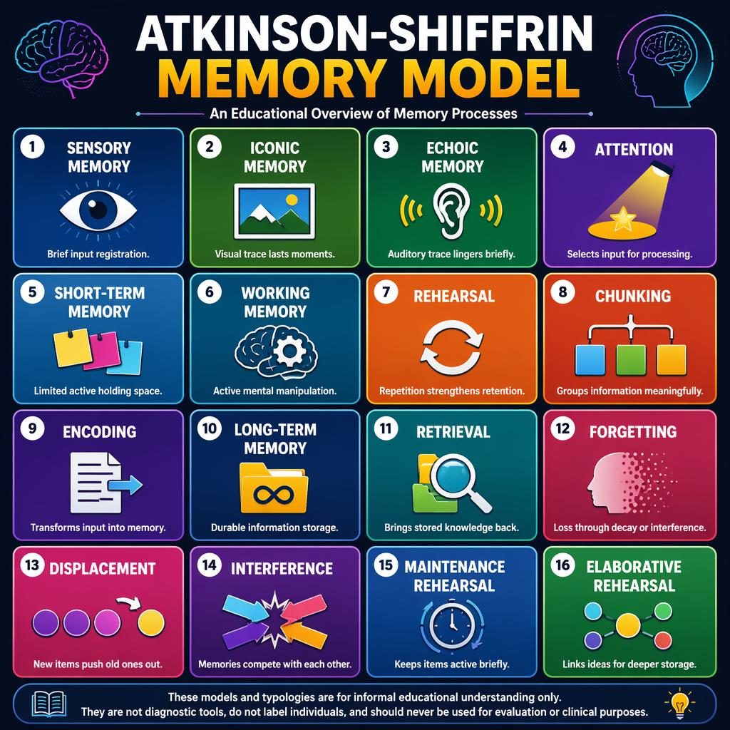 4x4 psychology infographic grid on the Atkinson-Shiffrin Memory Model with 16 gradient cards, icons, labels, captions, and footer note.