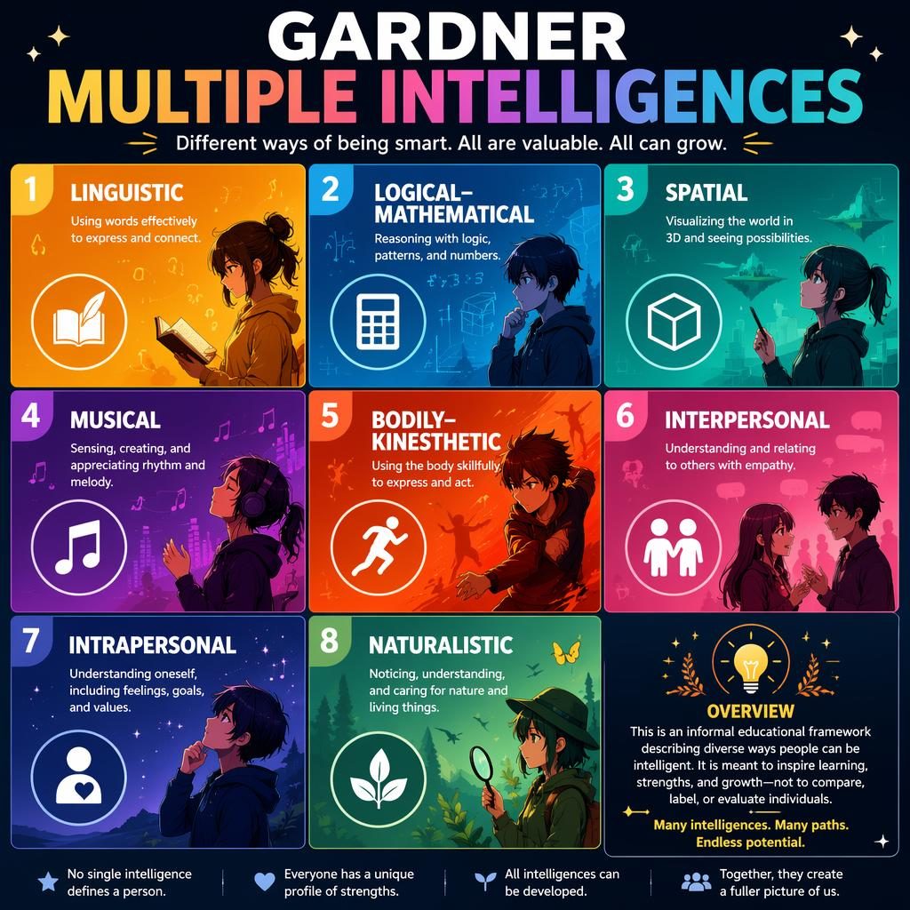 3x3 psychology infographic on Gardner multiple intelligences with 8 labeled panels, 1 overview panel, icons, gradients, and silhouettes.