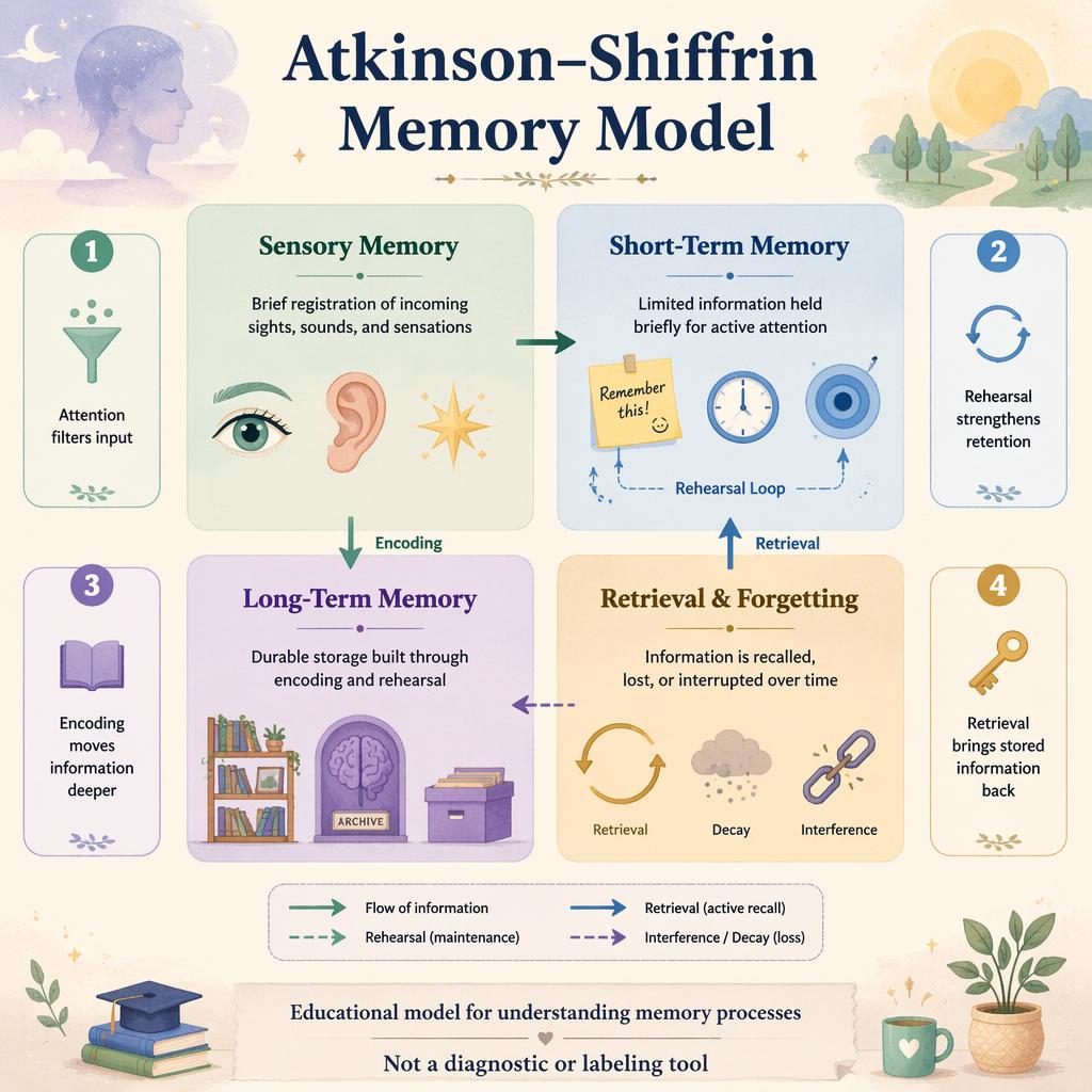 Infografía pastel en 2x2 del modelo de memoria Atkinson–Shiffrin con flechas, iconos educativos y notas en inglés.