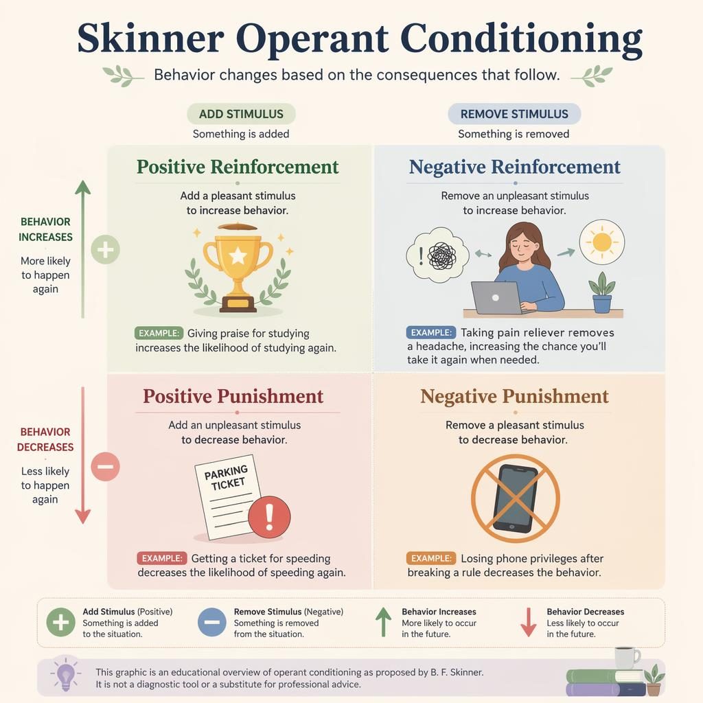 Pastel psychology infographic showing a 2x2 operant conditioning map with four labeled quadrants, icons, arrows, and footer note.