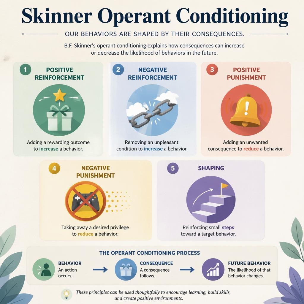 Educational 5-card infographic on Skinner operant conditioning with icons, muted rainbow palette, and process flow legend.