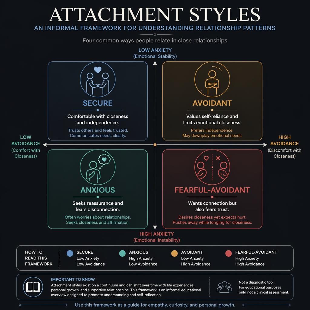 Dark mode 2x2 attachment styles infographic with secure, anxious, avoidant, and fearful-avoidant panels.