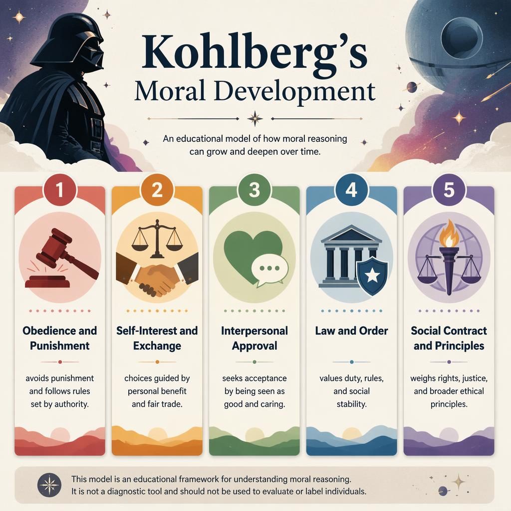 Editorial infographic on Kohlberg's Moral Development with 5 numbered icon cards, muted rainbow palette, and subtle space-villain motif.