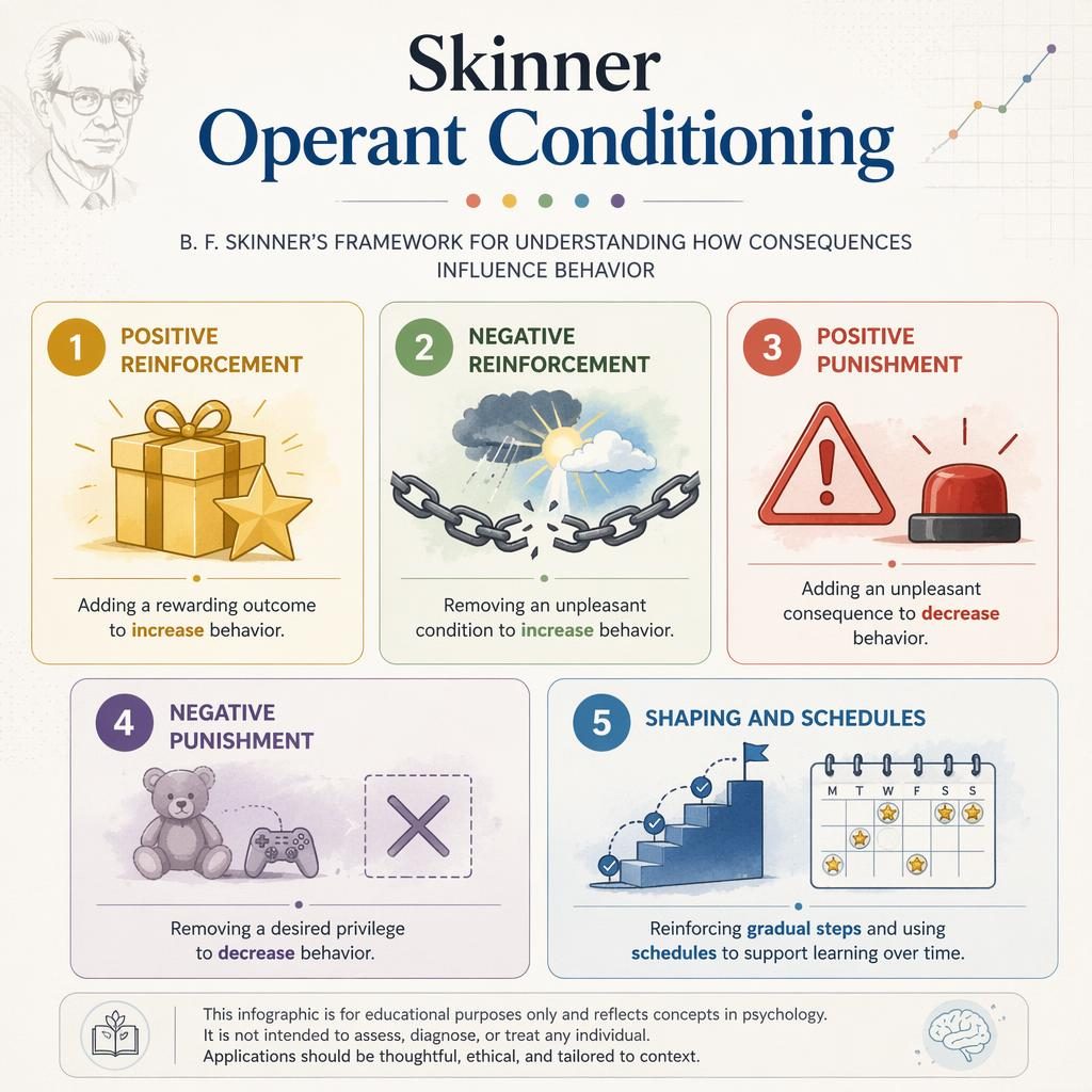 Editorial infographic with five numbered cards and icons for operant conditioning in a muted rainbow academic layout.