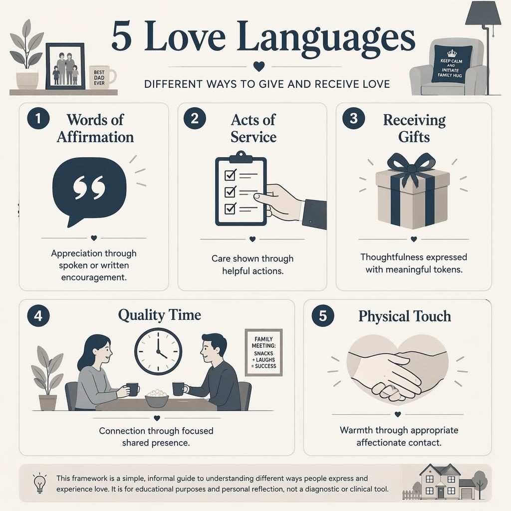 Minimal psychology infographic with 5 numbered love language cards, monochrome icons, short captions, and an educational footer.