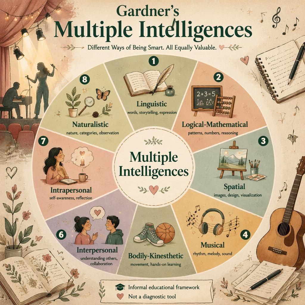 Wheel-style Gardner's Multiple Intelligences infographic with 8 labeled segments, icons, sage and blush tones, and notes.