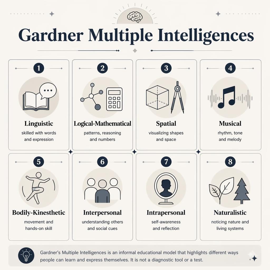 Monochrome educational poster with 8 numbered cards showing Gardner multiple intelligences, icons, captions, and footer note.
