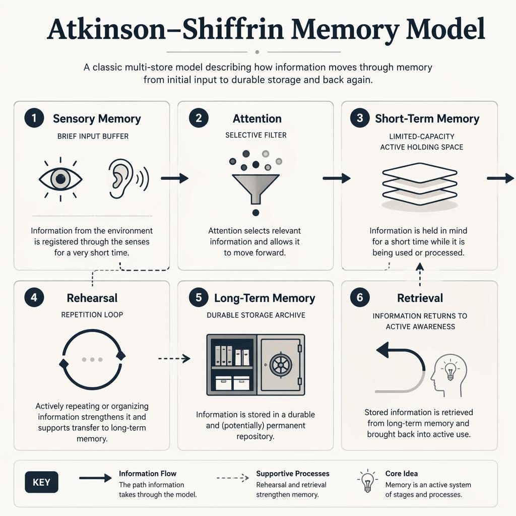Monochrome psychology infographic grid showing the Atkinson-Shiffrin memory model with 6 numbered cards and flow arrows