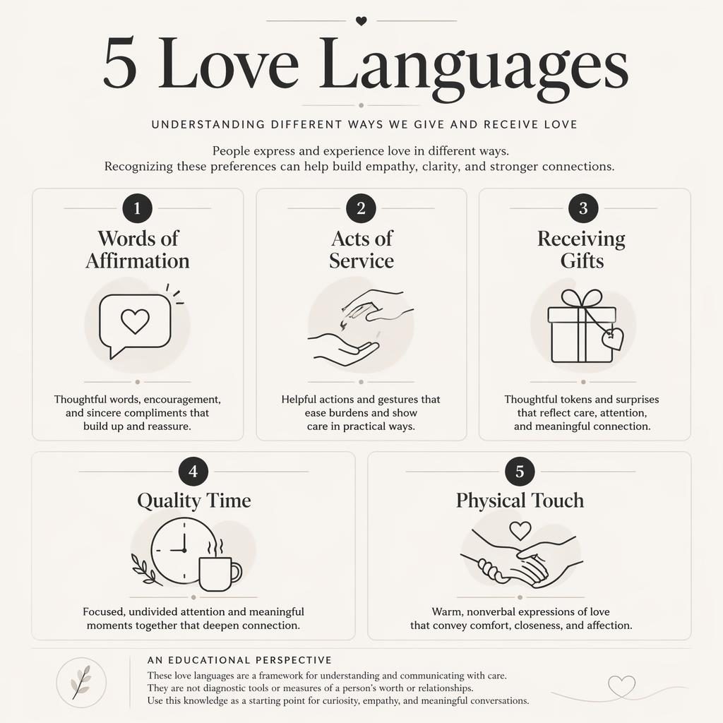 Minimal psychology infographic poster with 5 numbered love language cards, icons, monochrome palette, and footer note.