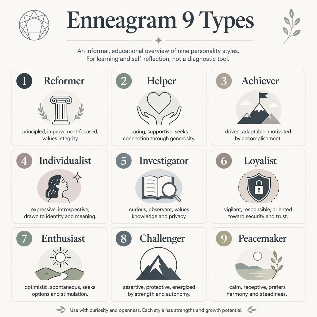 Infografía psicológica minimalista con 9 tarjetas numeradas en cuadrícula 3x3, títulos en inglés, iconos geométricos y subtítulo educativo.