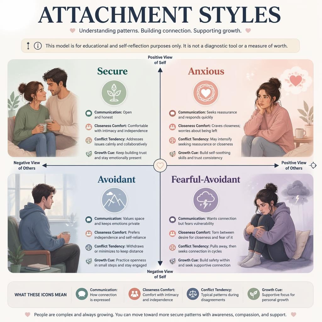 Infografía editorial pastel con cuatro cuadrantes sobre estilos de apego, iconos suaves, personajes y texto educativo en inglés.