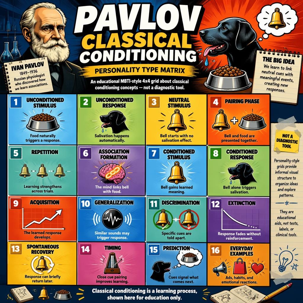 Colorful 4x4 psychology infographic grid on classical conditioning with Pavlov, bell, dog, bowl, arrows, icons, and footer note.