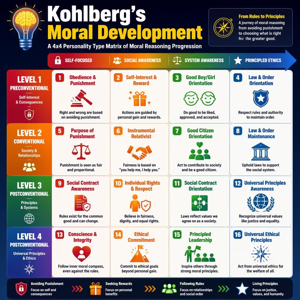 Póster infográfico de psicología con cuadrícula 4x4 sobre desarrollo moral, tarjetas educativas, iconos y colores intensos.
