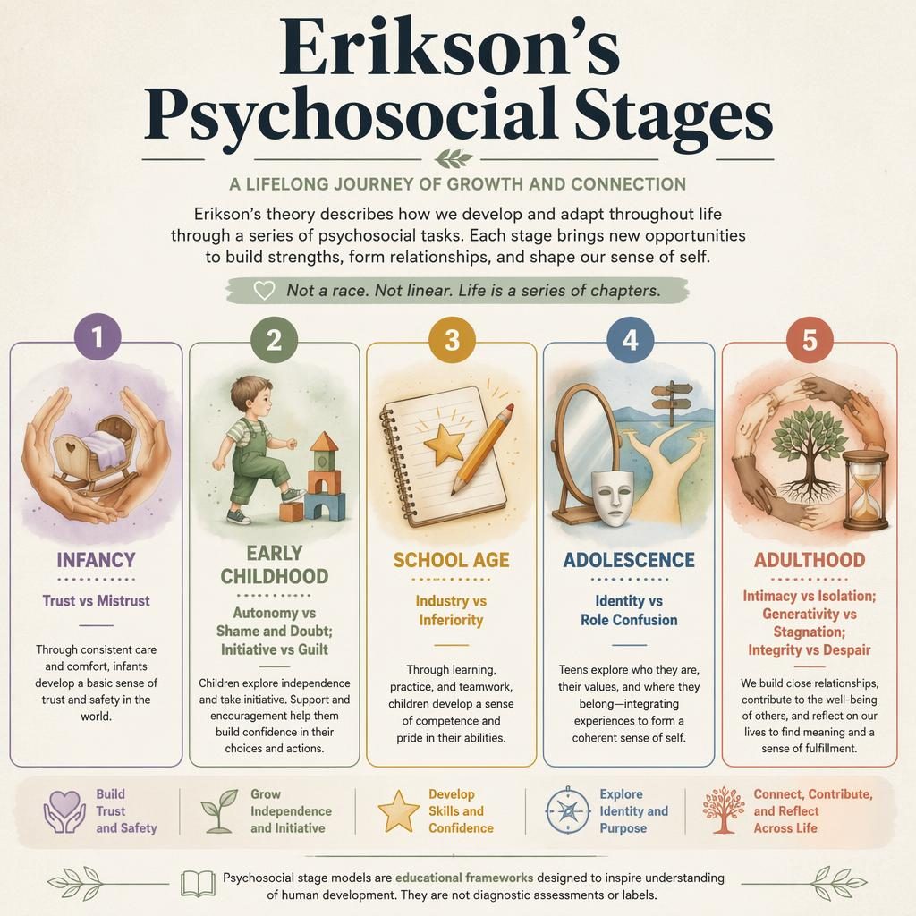 Five-card psychology infographic on Erikson's psychosocial stages with icons, muted rainbow palette, and footer note.