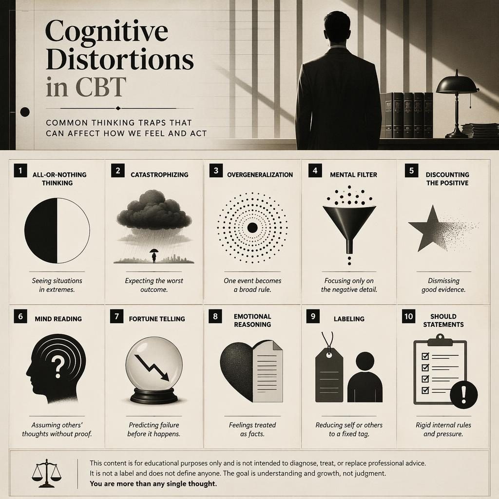 Minimal monochrome psychology infographic poster grid with 10 numbered CBT cognitive distortions, icons, captions, and footer note.
