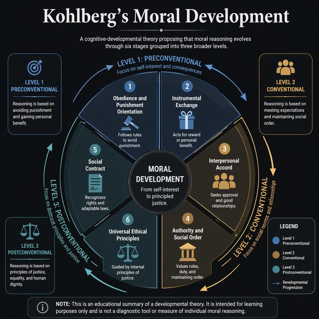 Dark mode psychology infographic wheel showing Kohlberg's 6 moral development stages in 3 levels with icons and arrows.